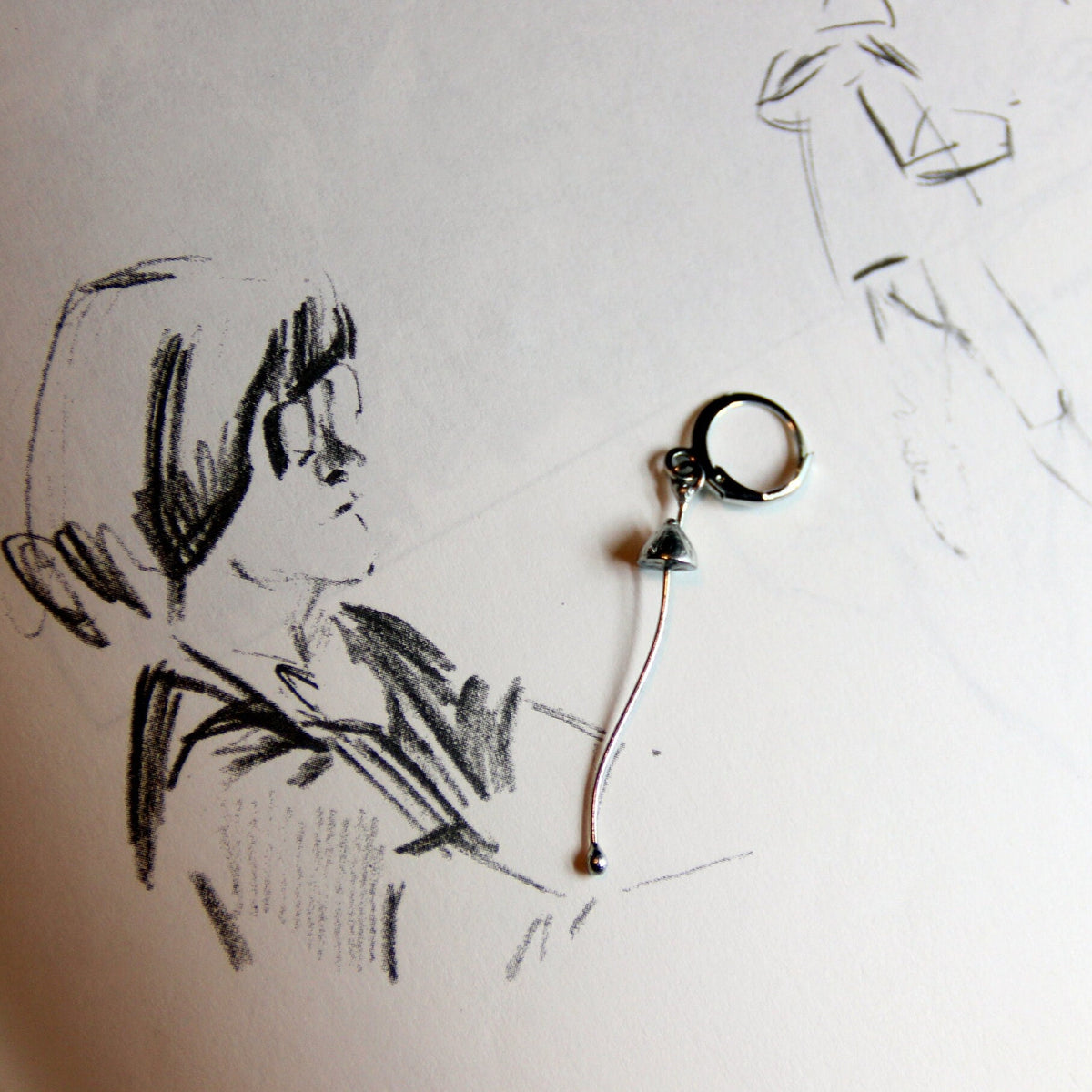 Silver Tone Mushroom Single Earring – Extra Long Curved Stem Minimalist