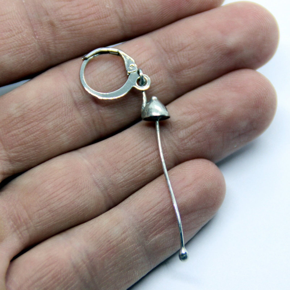 Silver Tone Mushroom Single Earring – Extra Long Curved Stem Minimalist