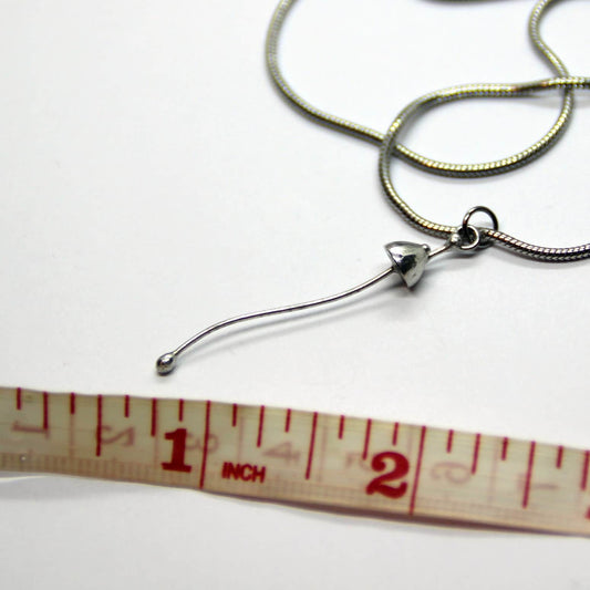Silver Tone Mushroom Necklace – Long Stem Copper & Pewter Pendant – Minimalist Forest