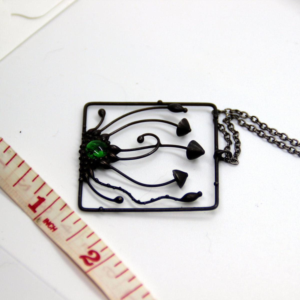 Green Glass Mushroom Necklace – Blackened Copper Square Forest Pendant – Psychedelic Botanical