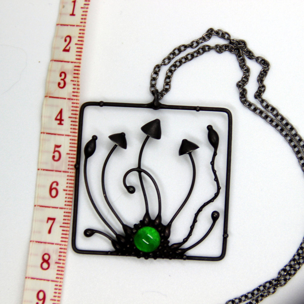 Green Glass Mushroom Necklace – Blackened Copper Square Forest Pendant – Psychedelic Botanical