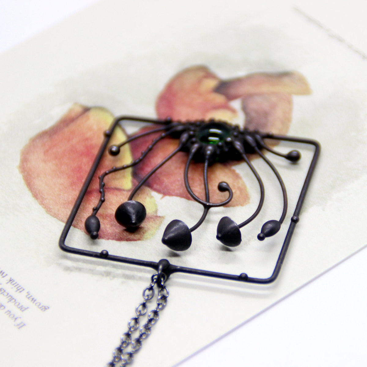 Green Glass Mushroom Necklace – Blackened Copper Square Forest Pendant – Psychedelic Botanical