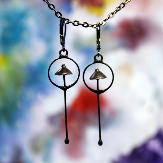 Black Mushroom Earrings – Long Copper & Pewter Forest Dangles – Minimalist Botanical