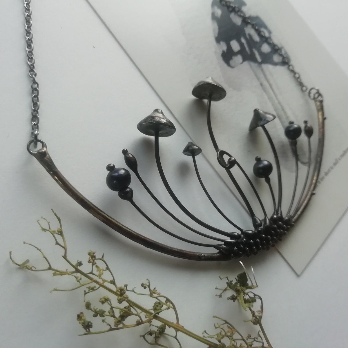 Large Hematite Mushroom Necklace – Blackened Copper