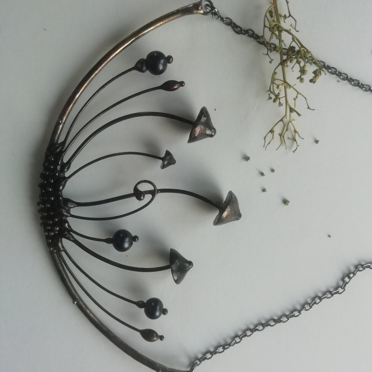 Large Hematite Mushroom Necklace – Blackened Copper