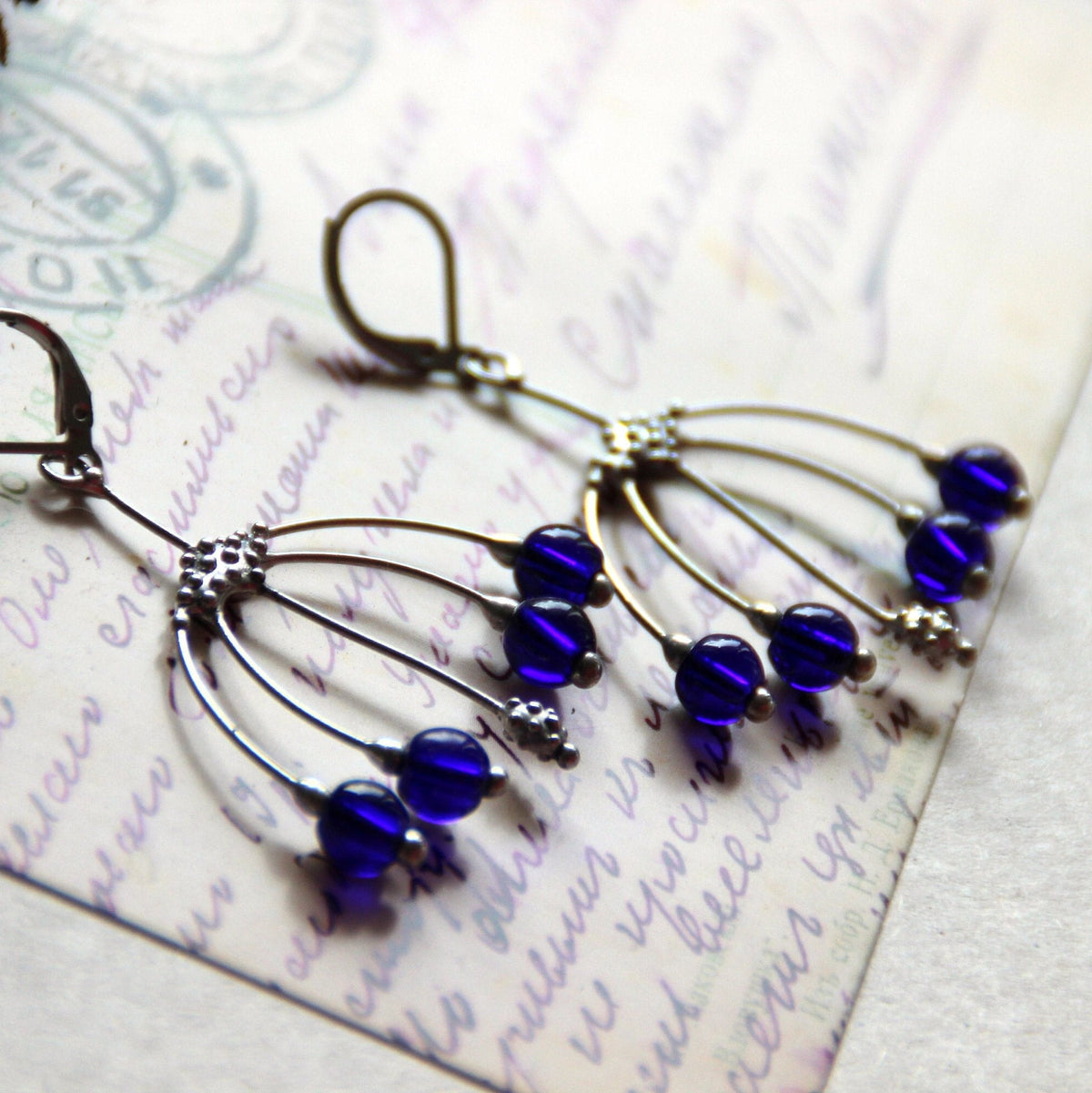 Cobalt Blue Glass Berry Earrings – Silver Tone