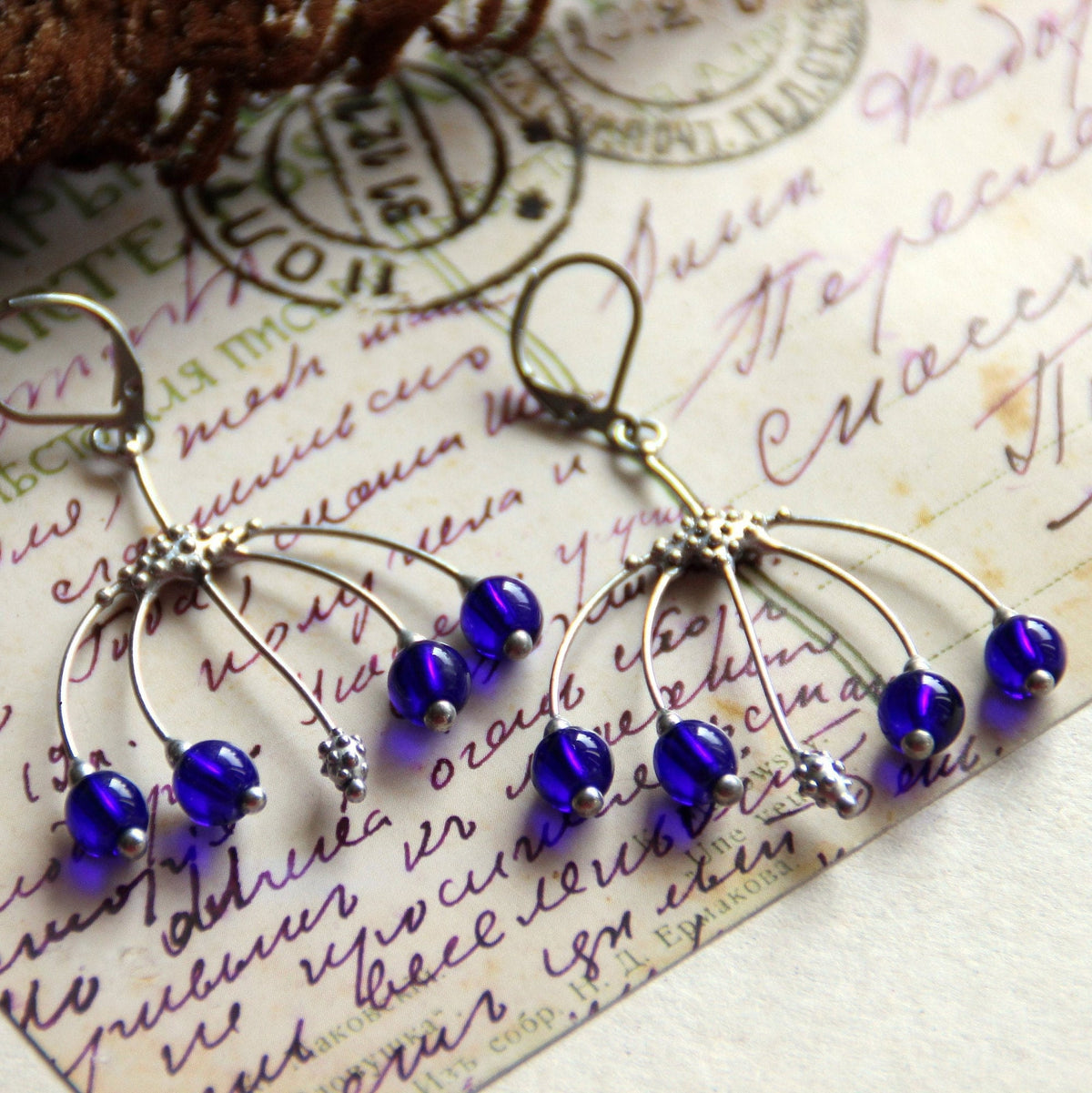 Cobalt Blue Glass Berry Earrings – Silver Tone