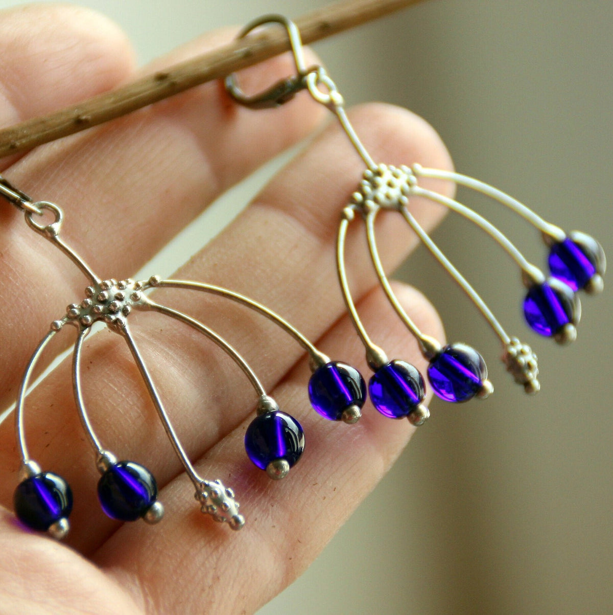 Cobalt Blue Glass Berry Earrings – Silver Tone