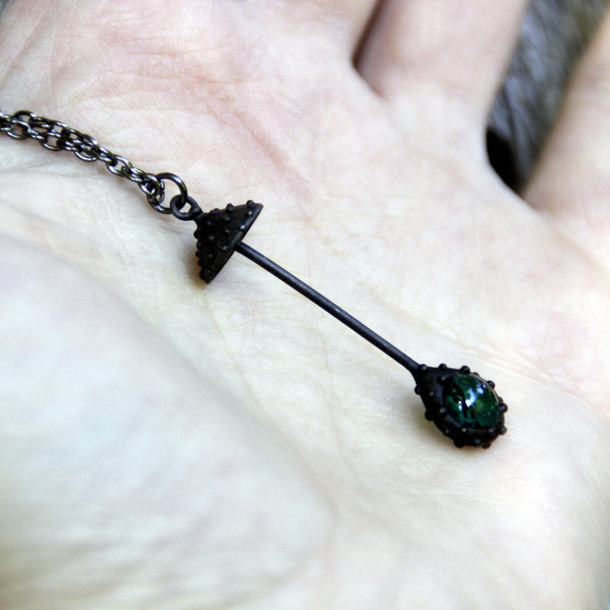 Green Glass Amanita Mushroom Necklace – Blackened Copper Long Stem Forest Pendant