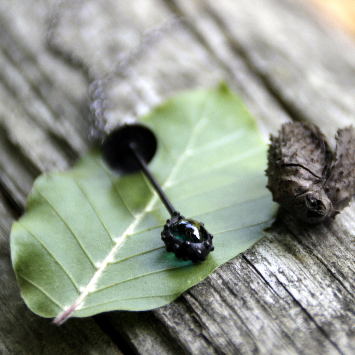 Green Glass Amanita Mushroom Necklace – Blackened Copper Long Stem Forest Pendant