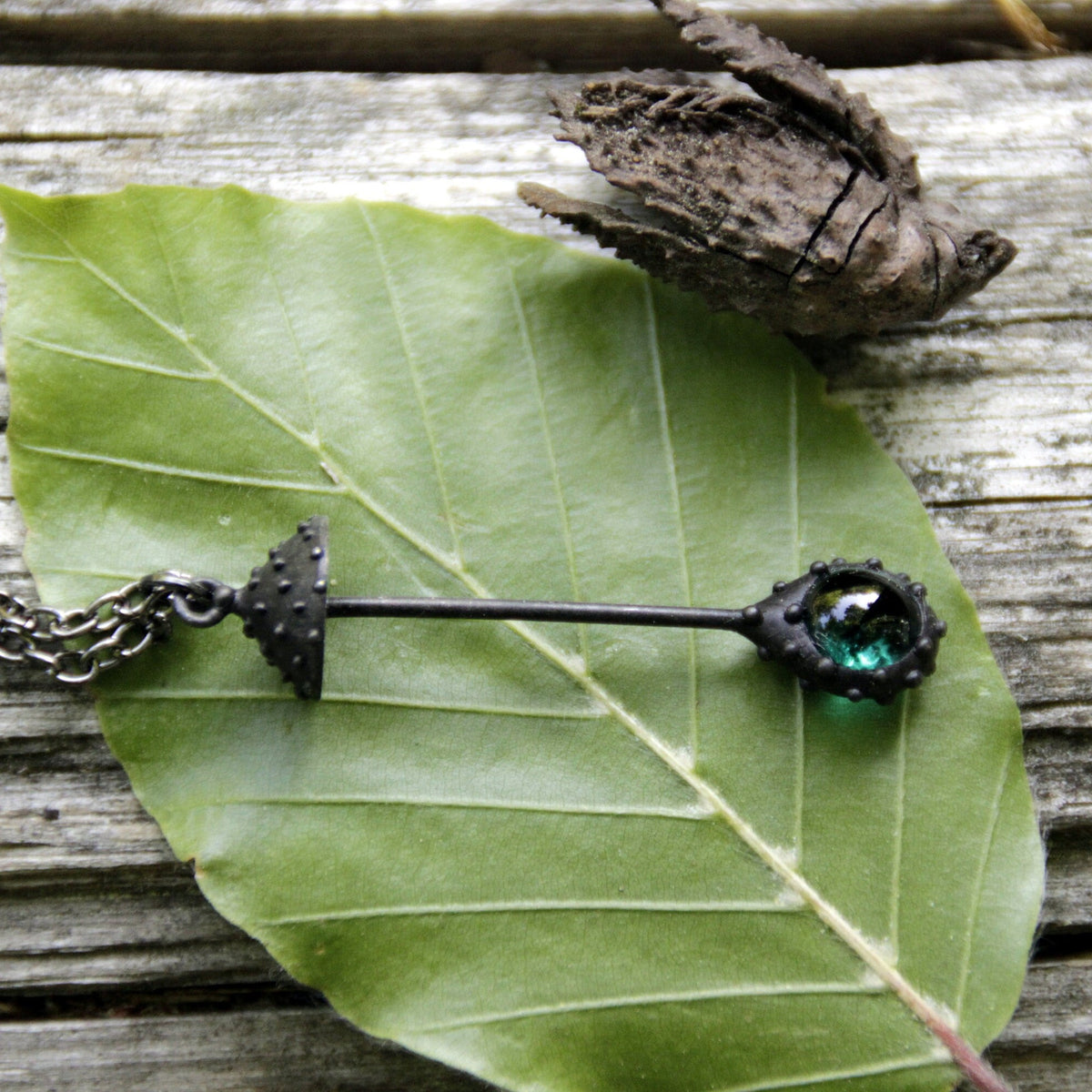 Green Glass Amanita Mushroom Necklace – Blackened Copper Long Stem Forest Pendant