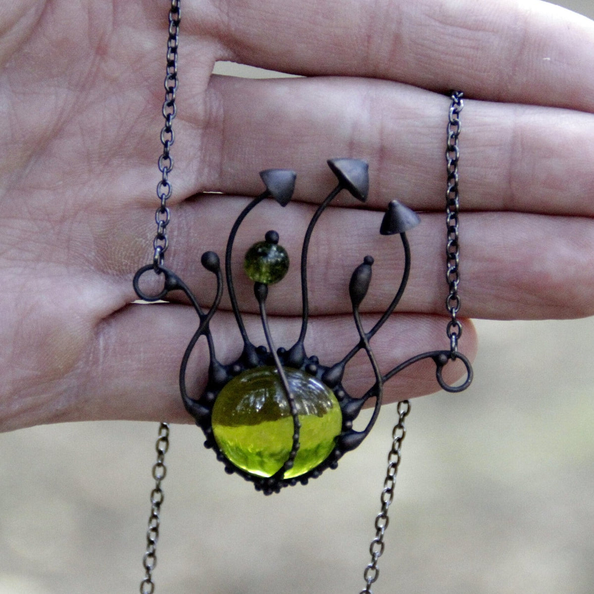 Green Glass Mushroom Necklace – Blackened Copper Fungi Pendant – Botanical Forest