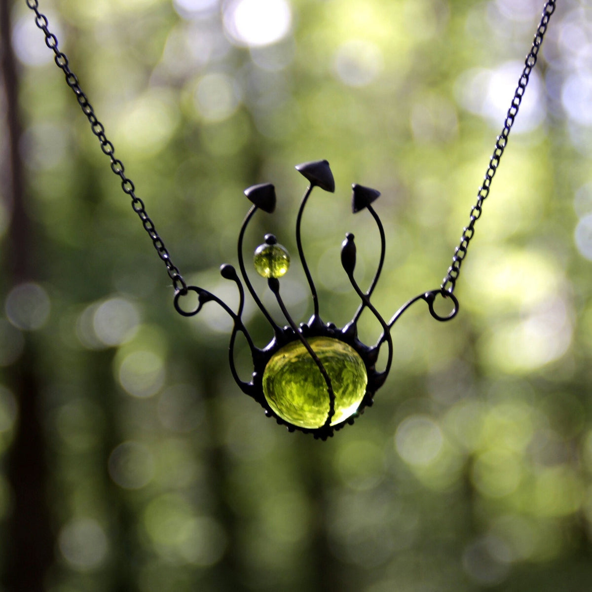 Green Glass Mushroom Necklace – Blackened Copper Fungi Pendant – Botanical Forest