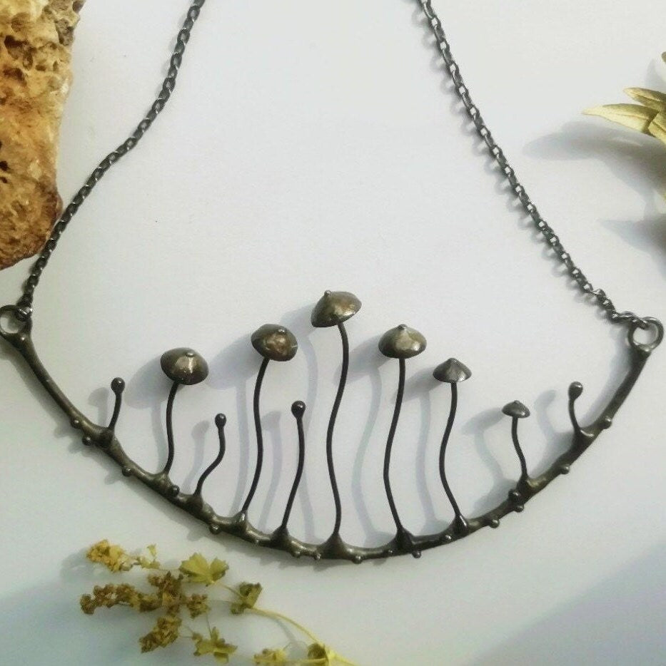 Large Mushroom Arc Necklace – Blackened Copper & Pewter Forest Collar – Sculptural Botanical