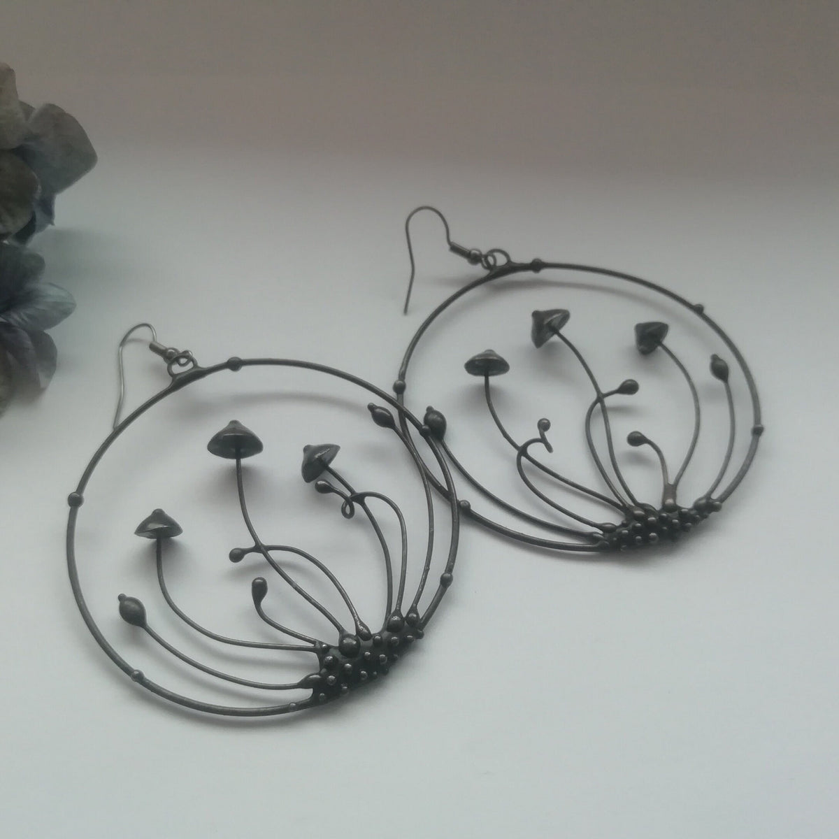 Large Mushroom Hoop Earrings – Blackened Copper