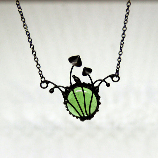 Green Glass Mushroom Necklace – Blackened Copper & Pewter Fairycore Pendant – Forest