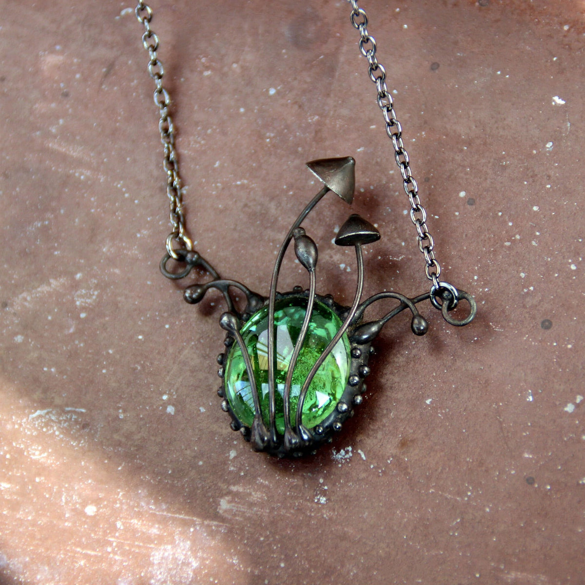 Green Glass Mushroom Necklace – Blackened Copper & Pewter Fairycore Pendant – Forest