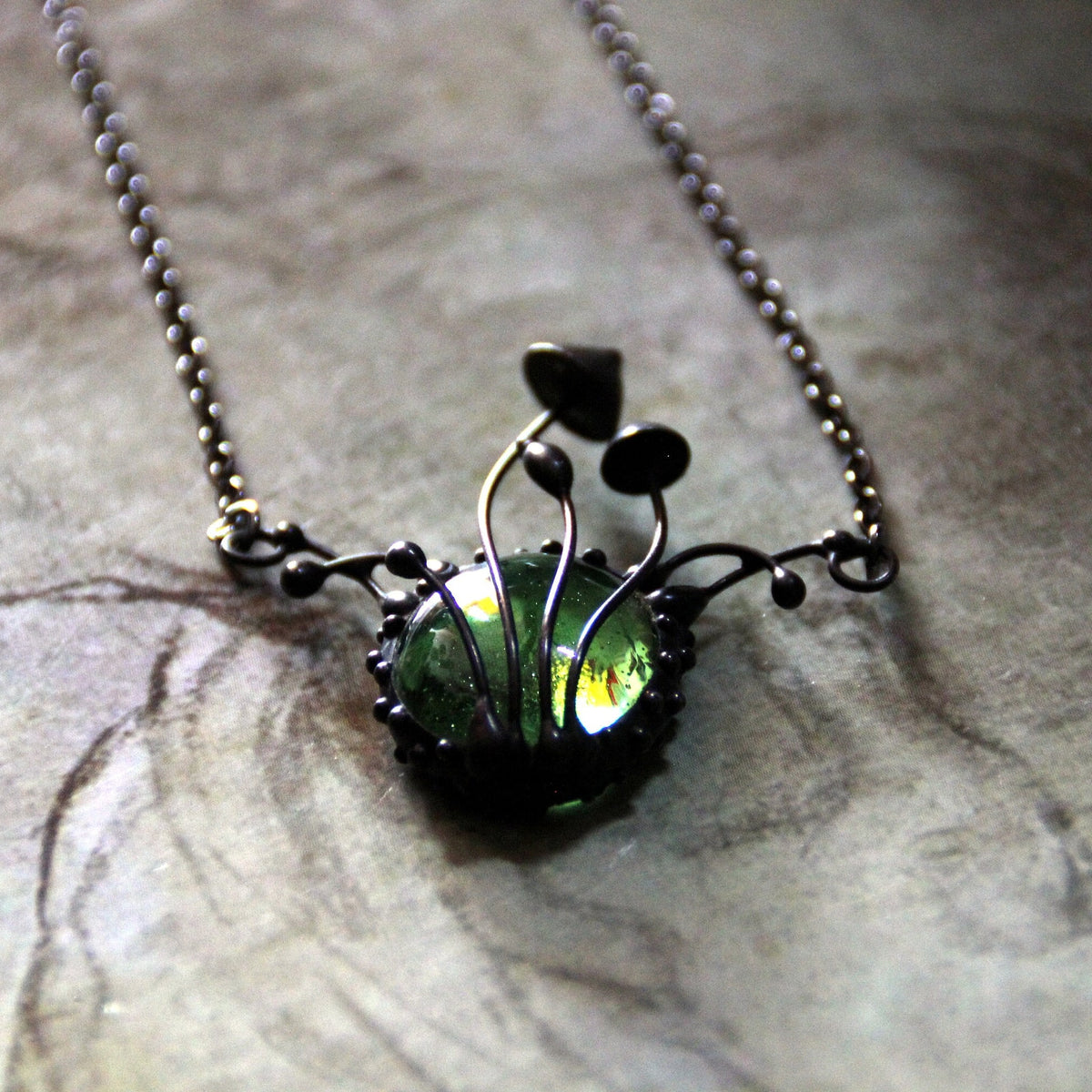 Green Glass Mushroom Necklace – Blackened Copper & Pewter Fairycore Pendant – Forest