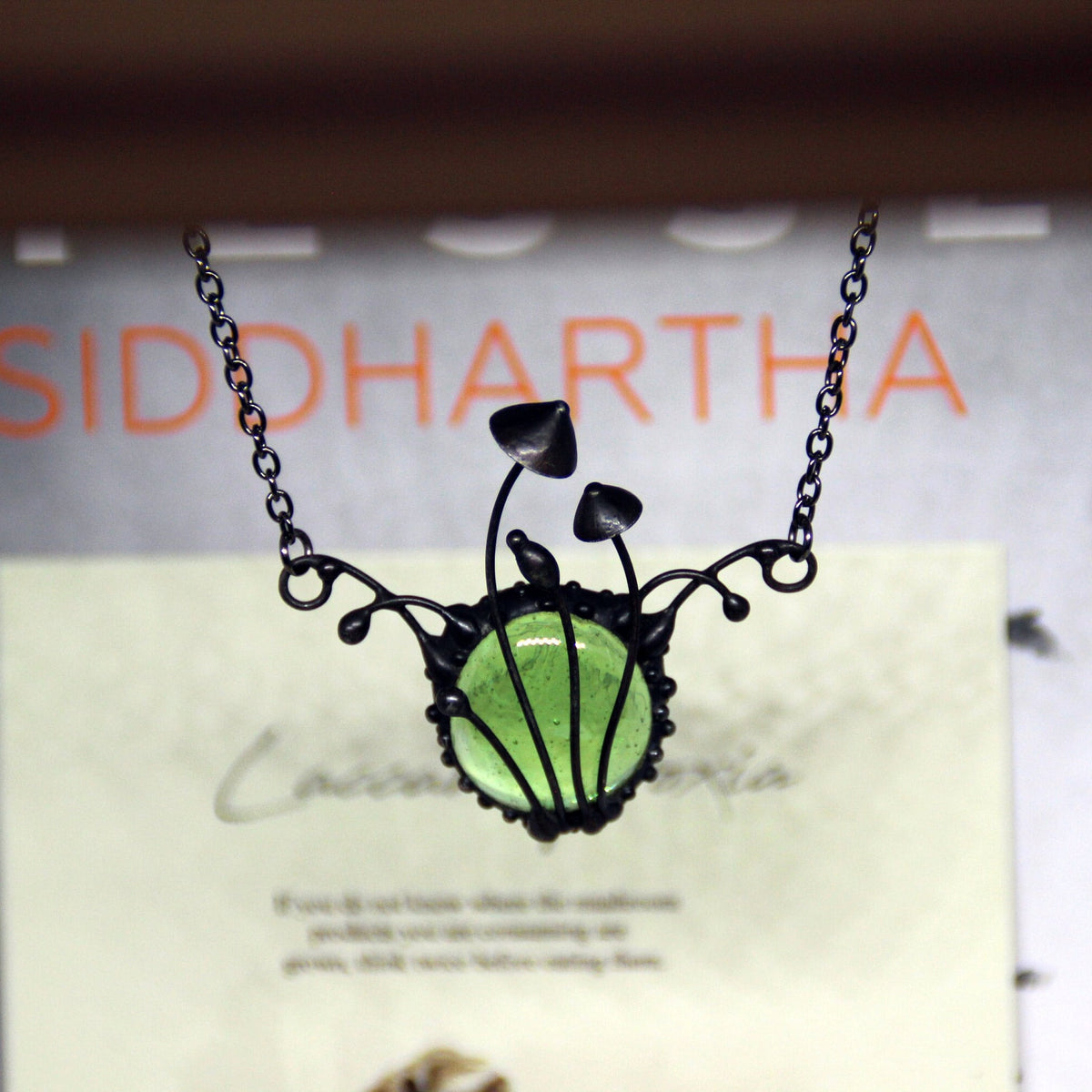 Green Glass Mushroom Necklace – Blackened Copper & Pewter Fairycore Pendant – Forest