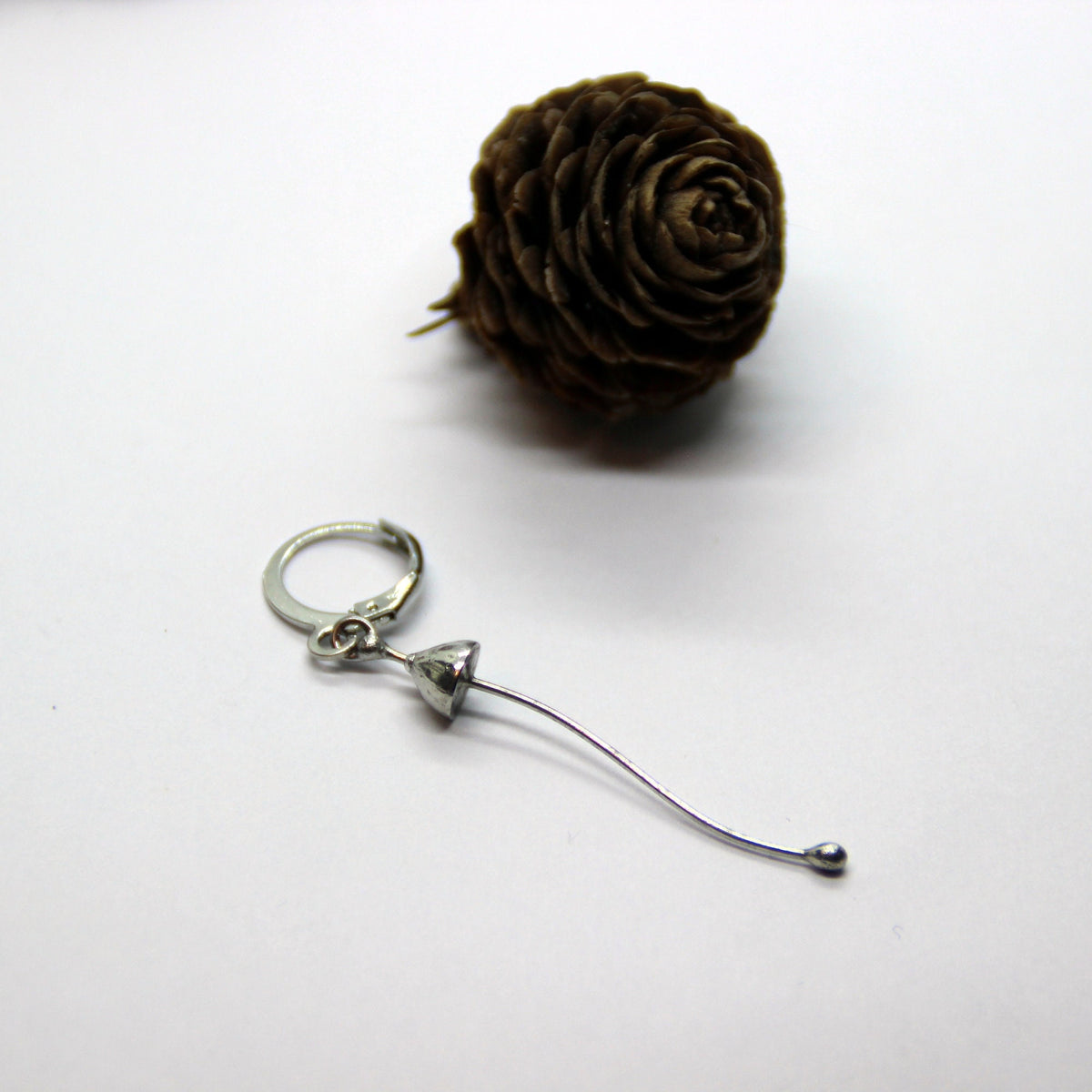 Silver Tone Mushroom Single Earring – Extra Long Curved Stem Minimalist
