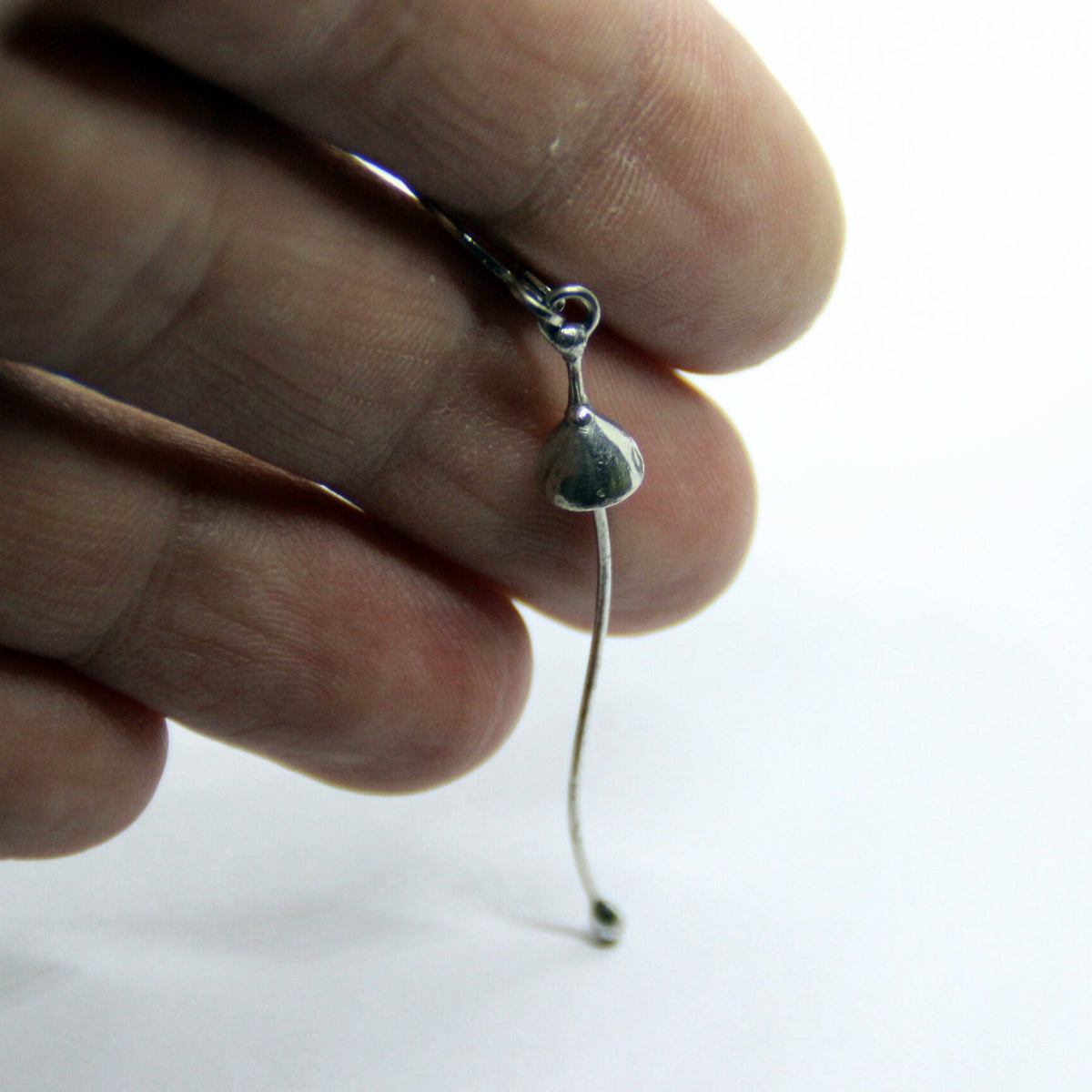 Silver Tone Mushroom Single Earring – Extra Long Curved Stem Minimalist