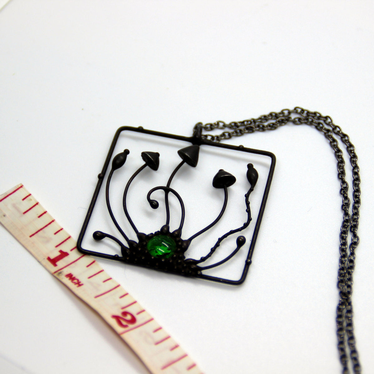 Green Glass Mushroom Necklace – Blackened Copper Square Forest Pendant – Psychedelic Botanical