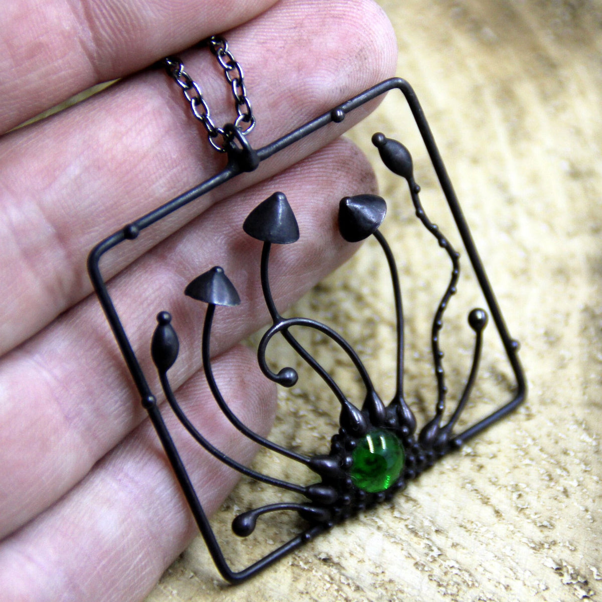 Green Glass Mushroom Necklace – Blackened Copper Square Forest Pendant – Psychedelic Botanical
