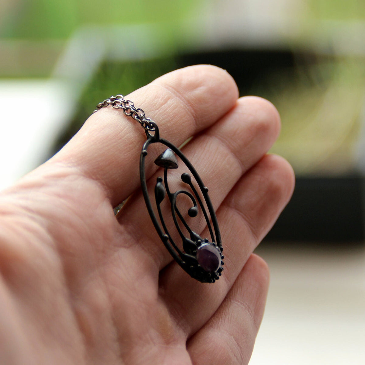 Amethyst Mushroom Necklace – Blackened Copper & Pewter Oval Forest Pendant – Botanical