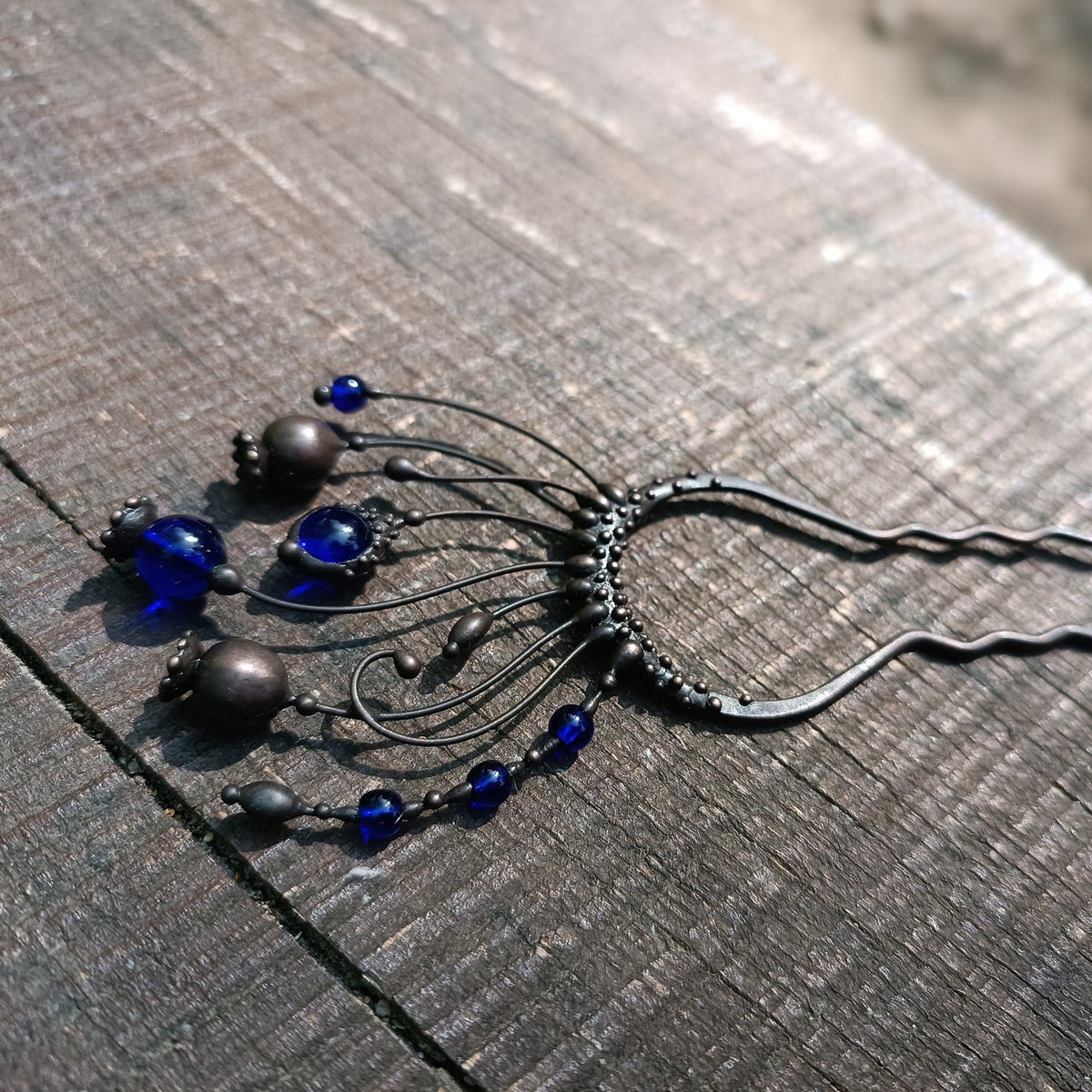 Cobalt Blue Glass Poppy Hair Pin – Blackened Copper