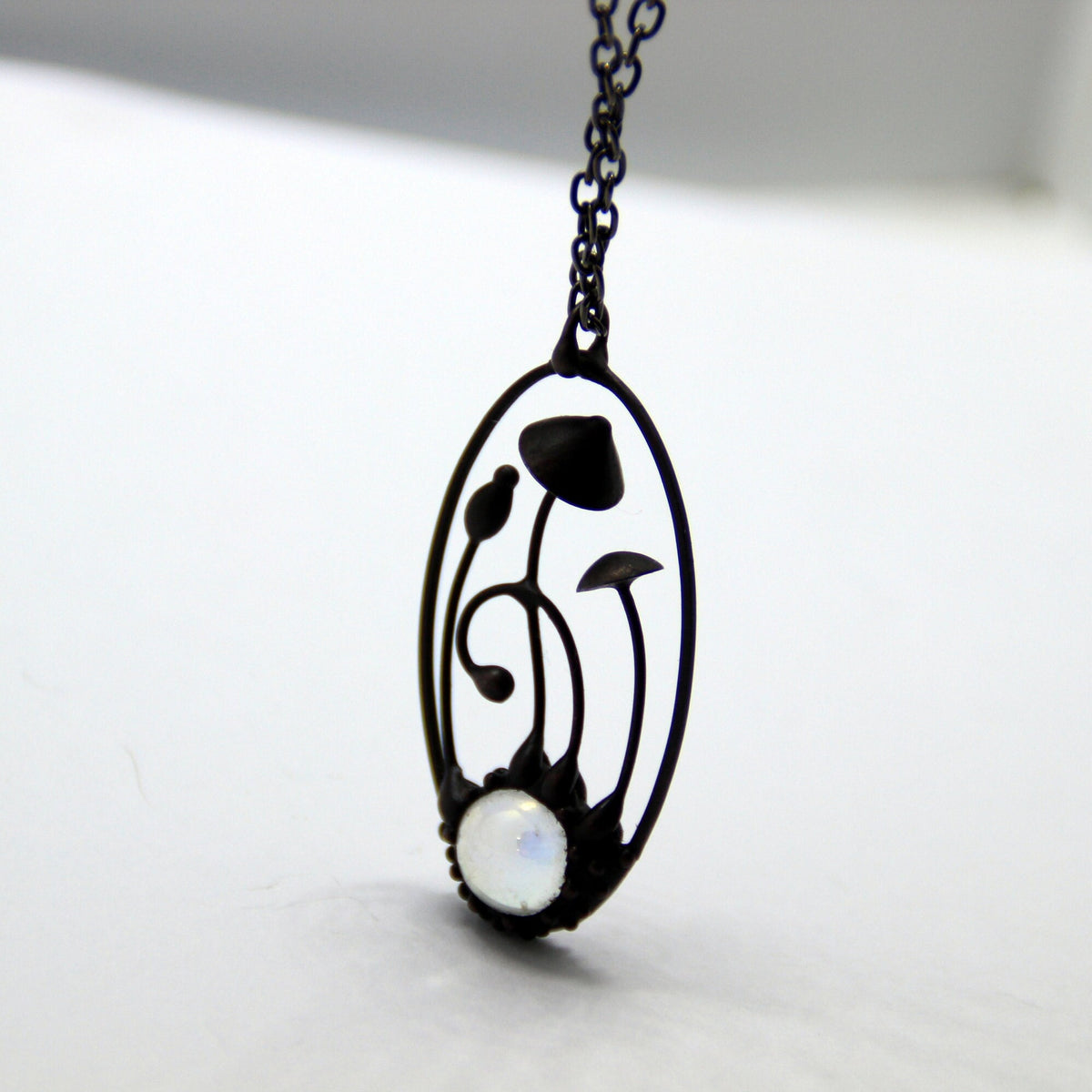 Clear Glass Mushroom Necklace – Blackened Copper & Pewter Oval Forest Pendant – Psychedelic