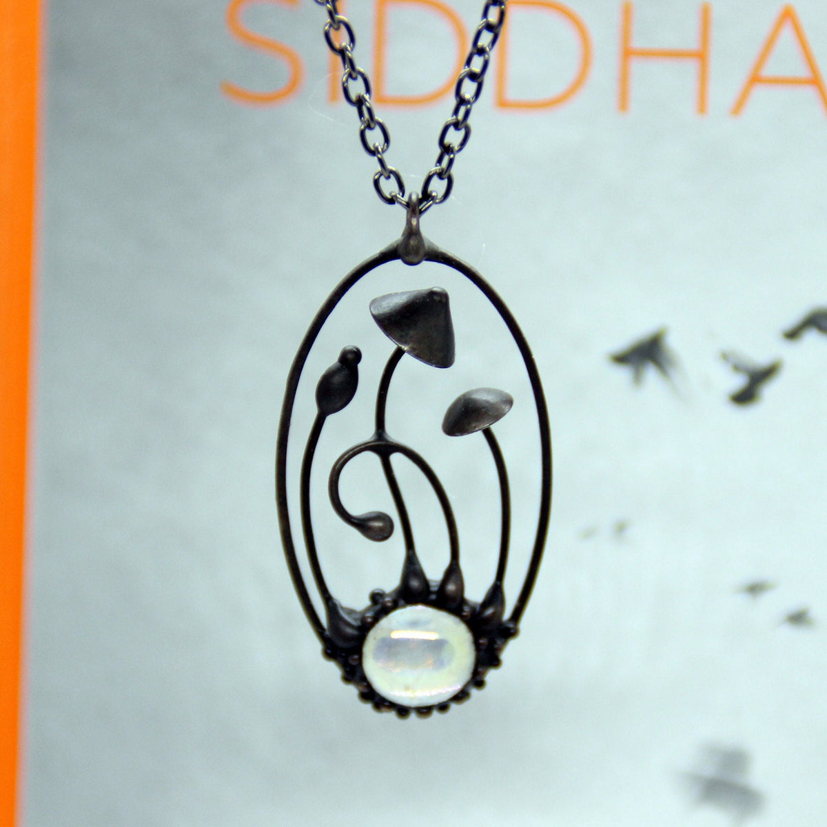Clear Glass Mushroom Necklace – Blackened Copper & Pewter Oval Forest Pendant – Psychedelic