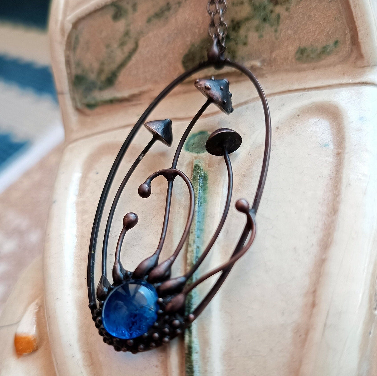 Blue Glass Amanita Mushroom Necklace – Blackened Copper Oval Forest Pendant – Botanical