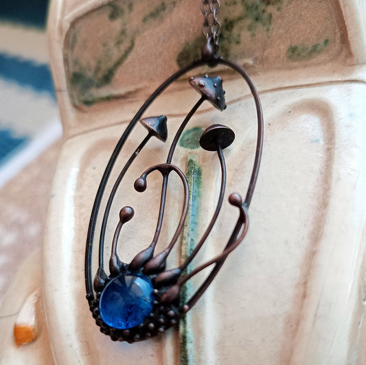 Blue Glass Amanita Mushroom Necklace – Blackened Copper Oval Forest Pendant – Botanical