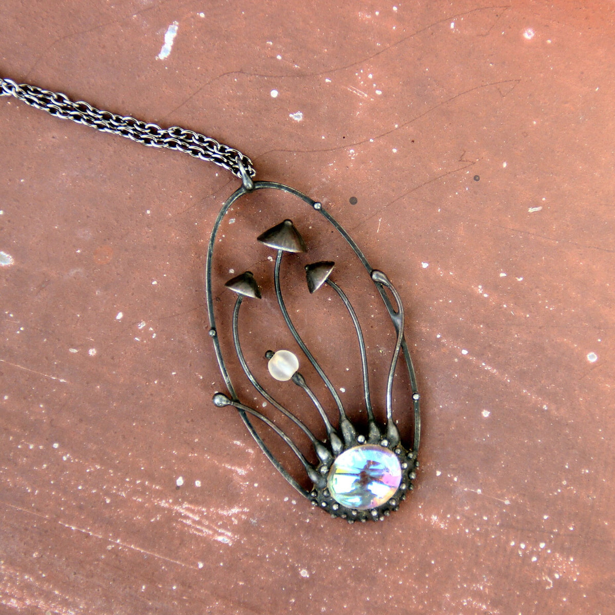 Iridescent Glass Mushroom Necklace – Blackened Copper