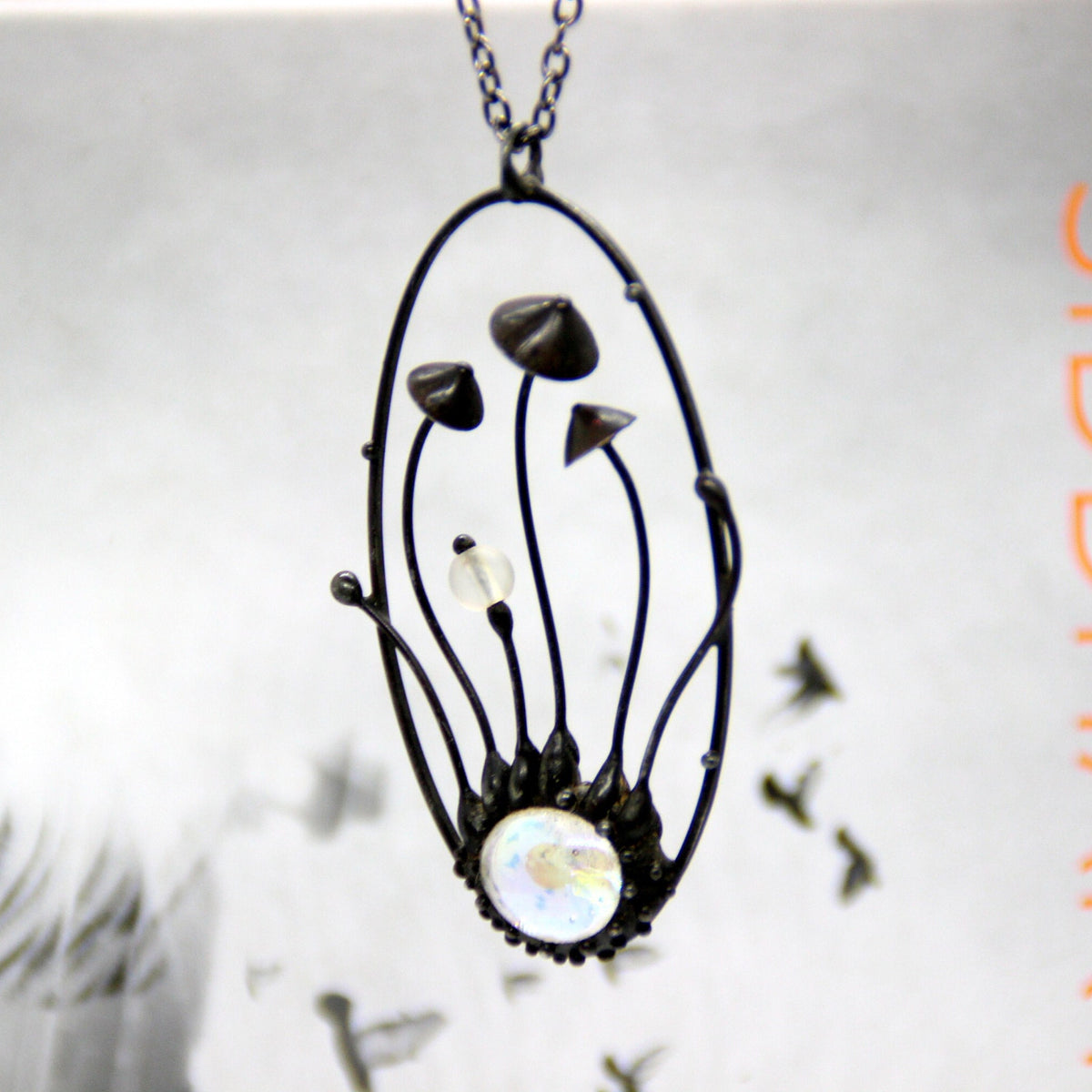 Iridescent Glass Mushroom Necklace – Blackened Copper