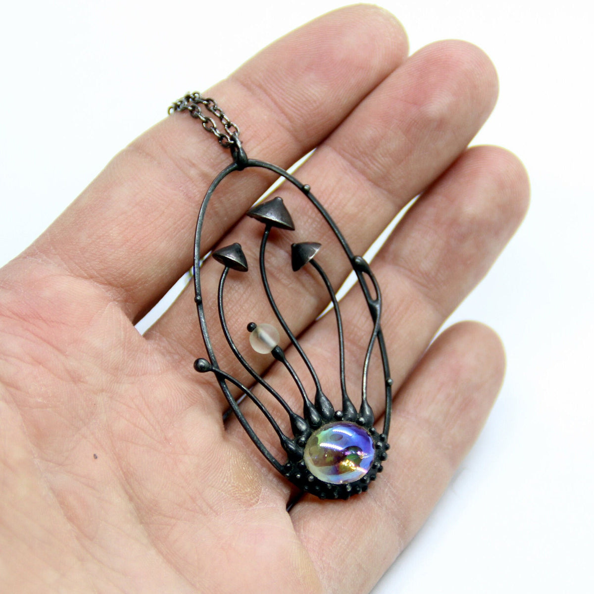 Iridescent Glass Mushroom Necklace – Blackened Copper