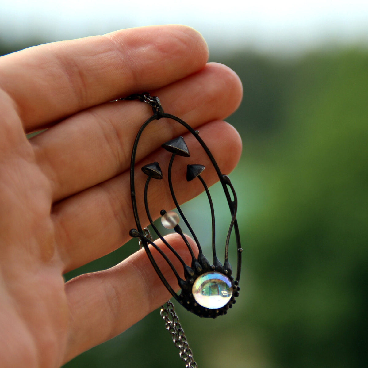 Iridescent Glass Mushroom Necklace – Blackened Copper