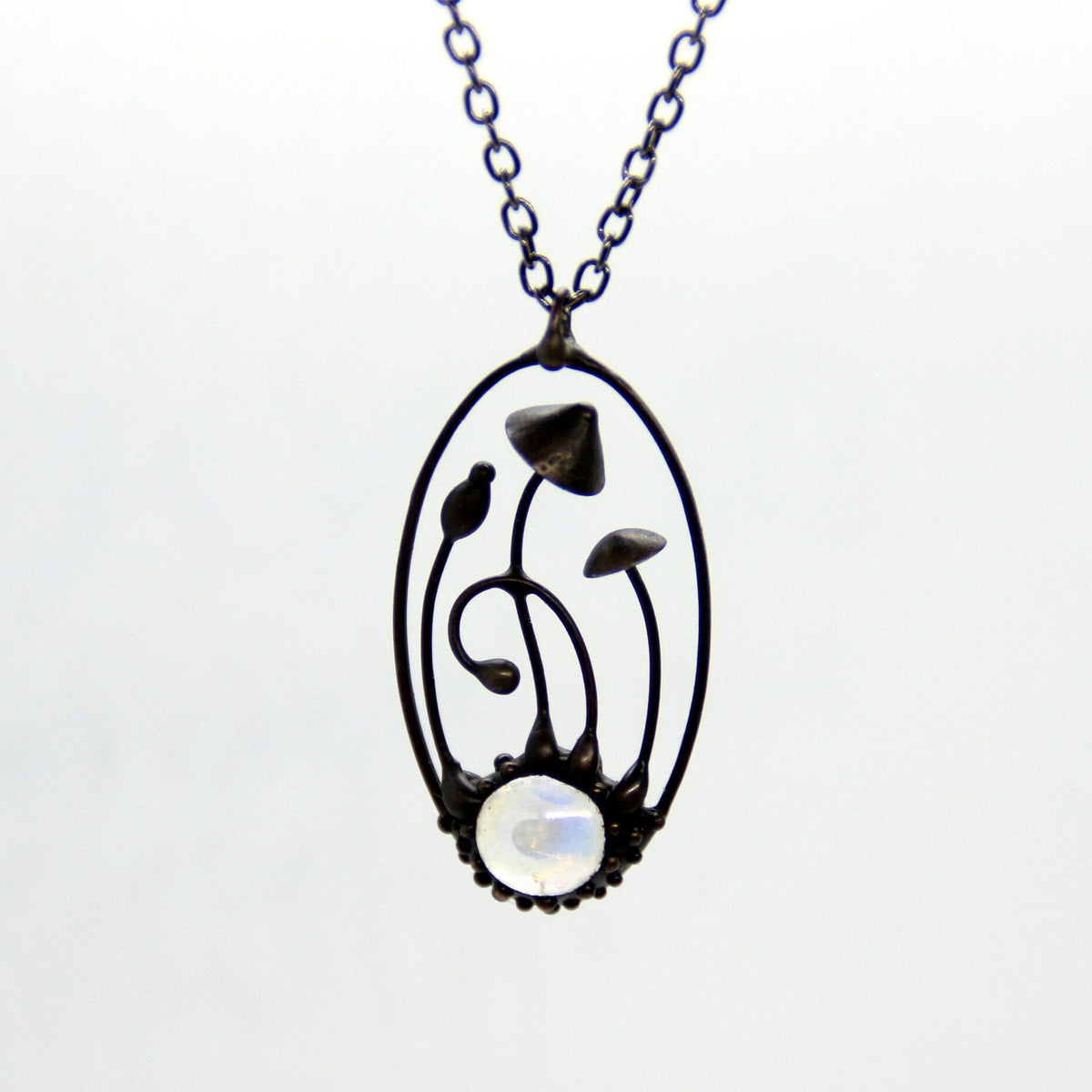 Clear Glass Mushroom Necklace – Blackened Copper & Pewter Oval Forest Pendant – Psychedelic