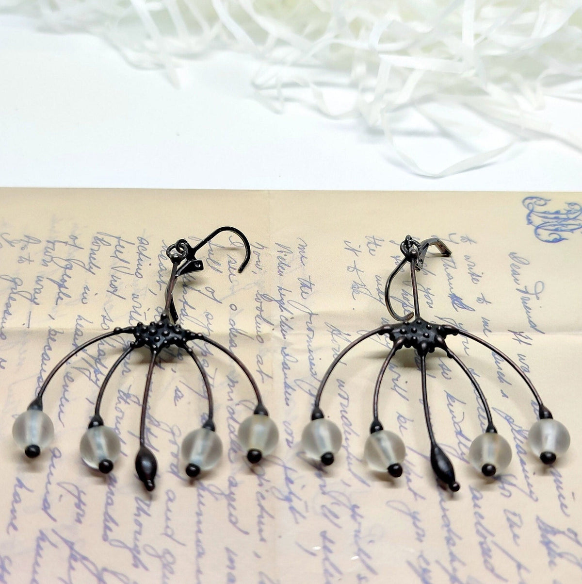 Clear Glass Flower Earrings – Blackened Copper Botanical Dangles – Boho