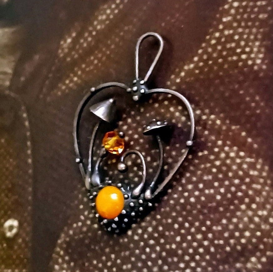 Orange Glass Mushroom Necklace – Blackened Copper