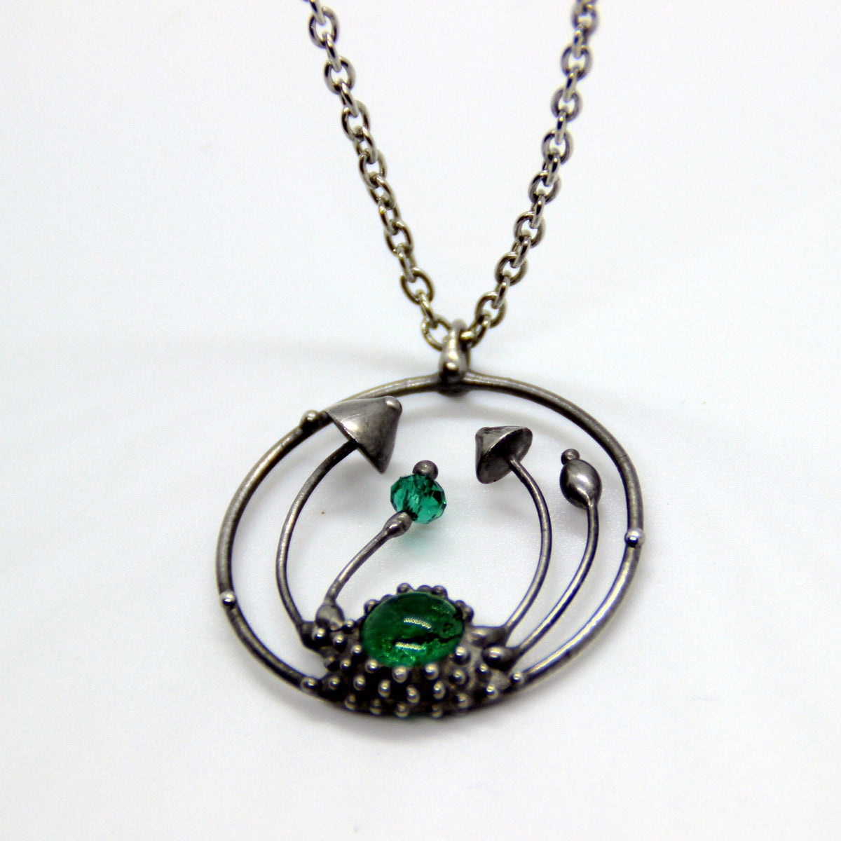 Green Glass Mushroom Necklace – Silver Tone Forest Pendant – Botanical Art Nouveau