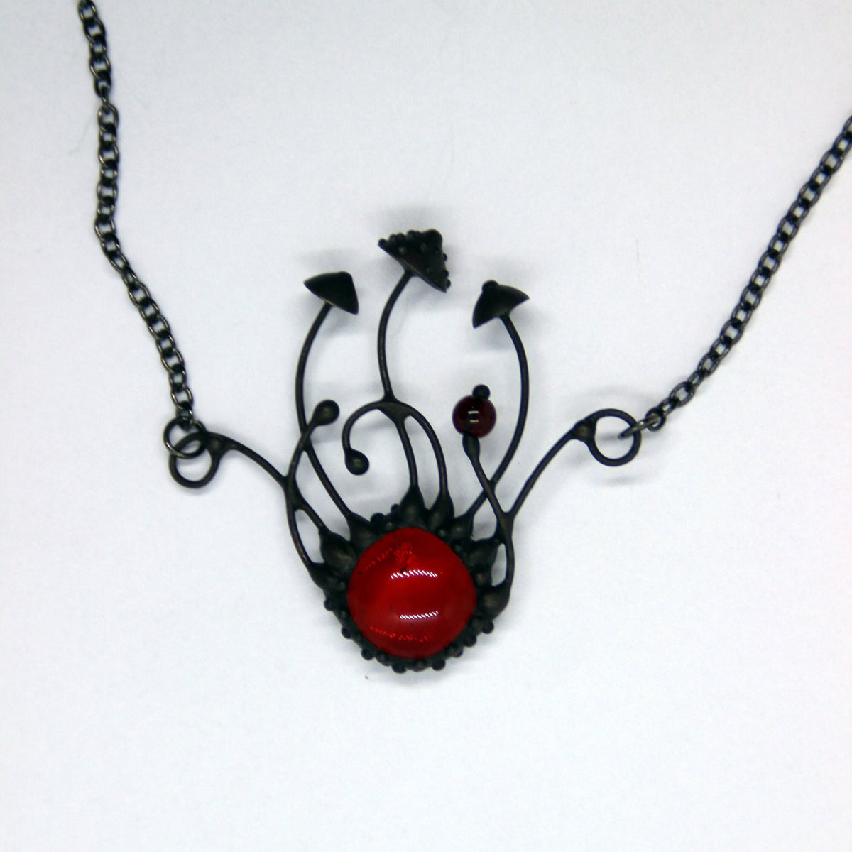 Red Glass Amanita Mushroom Cluster Necklace – Blackened Copper