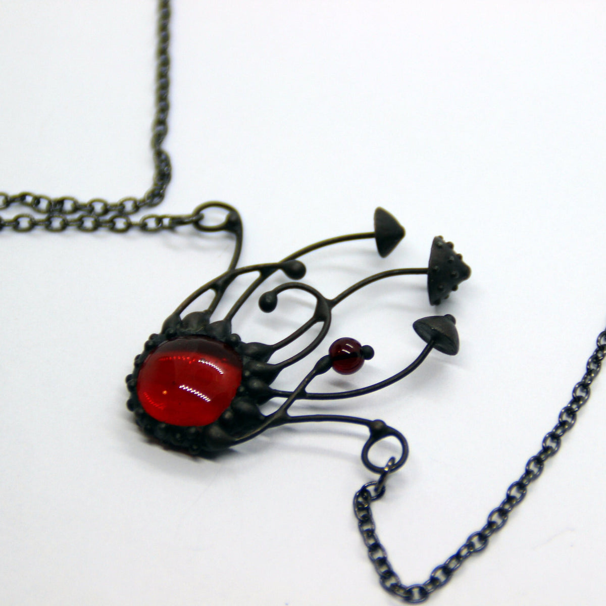 Red Glass Amanita Mushroom Cluster Necklace – Blackened Copper