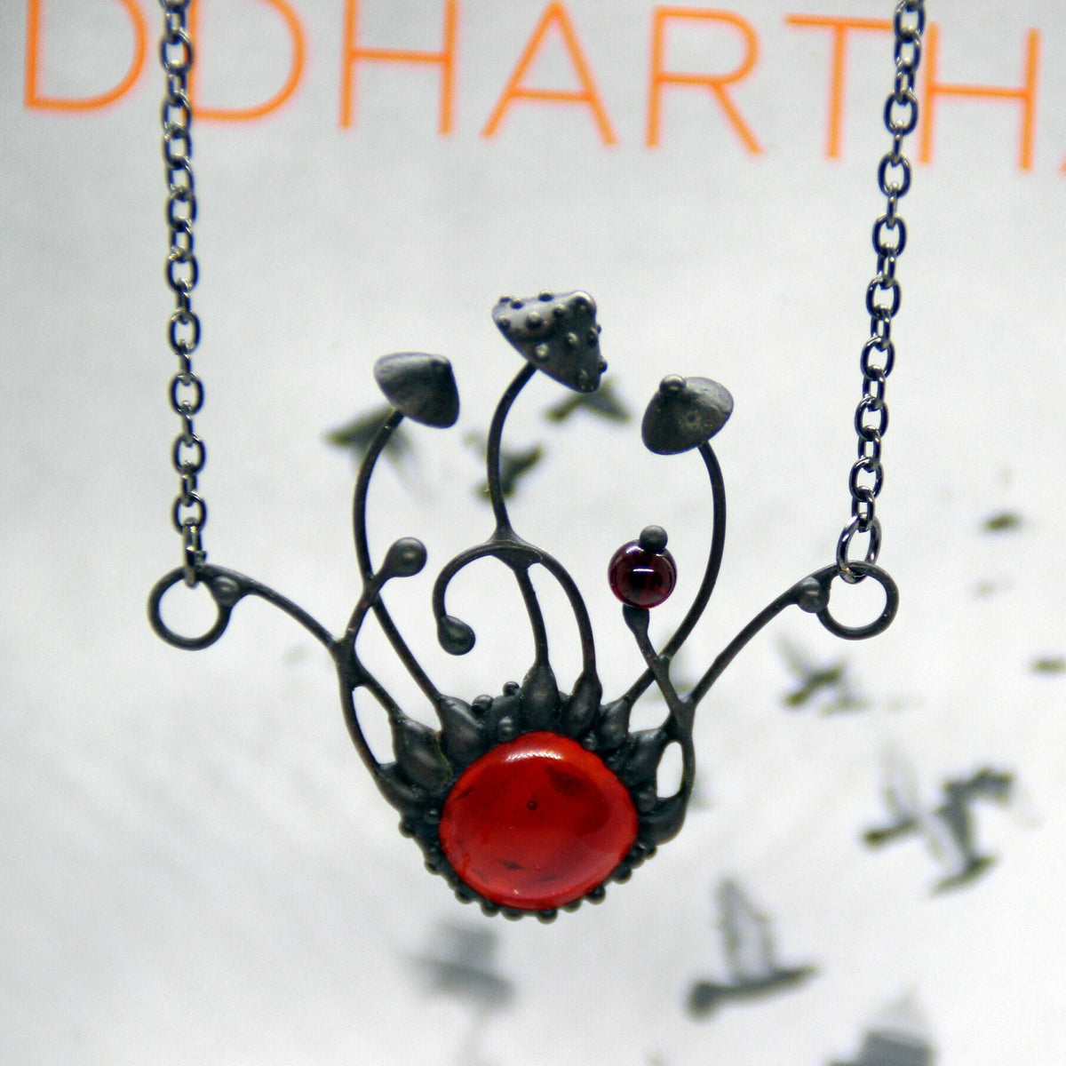 Red Glass Amanita Mushroom Cluster Necklace – Blackened Copper