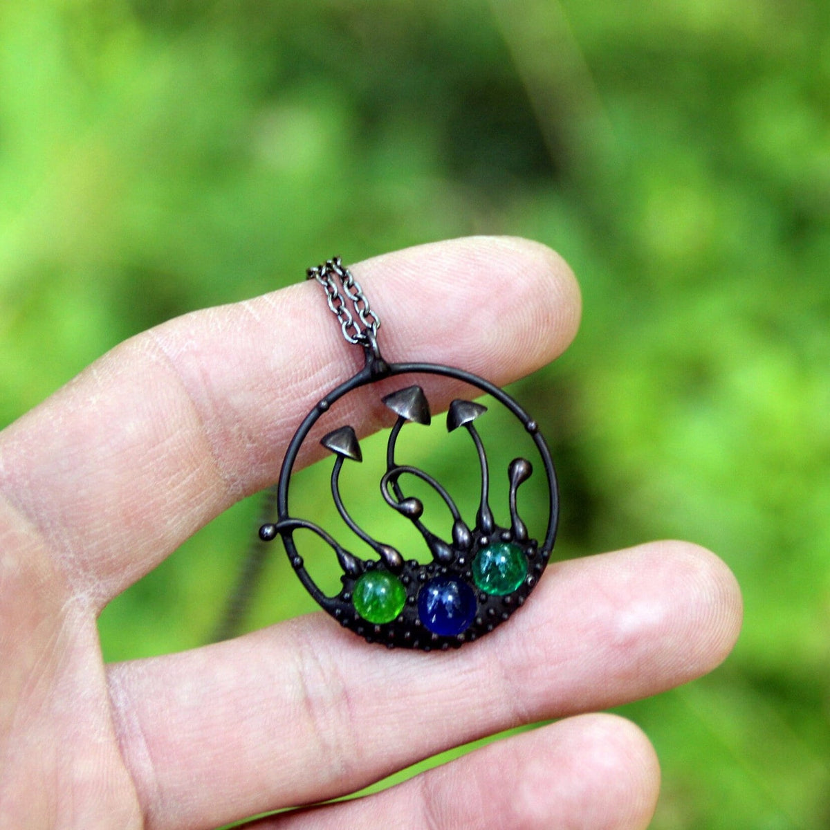 Multicolor Glass Mushroom Necklace – Blackened Copper Round Forest Pendant – Botanical