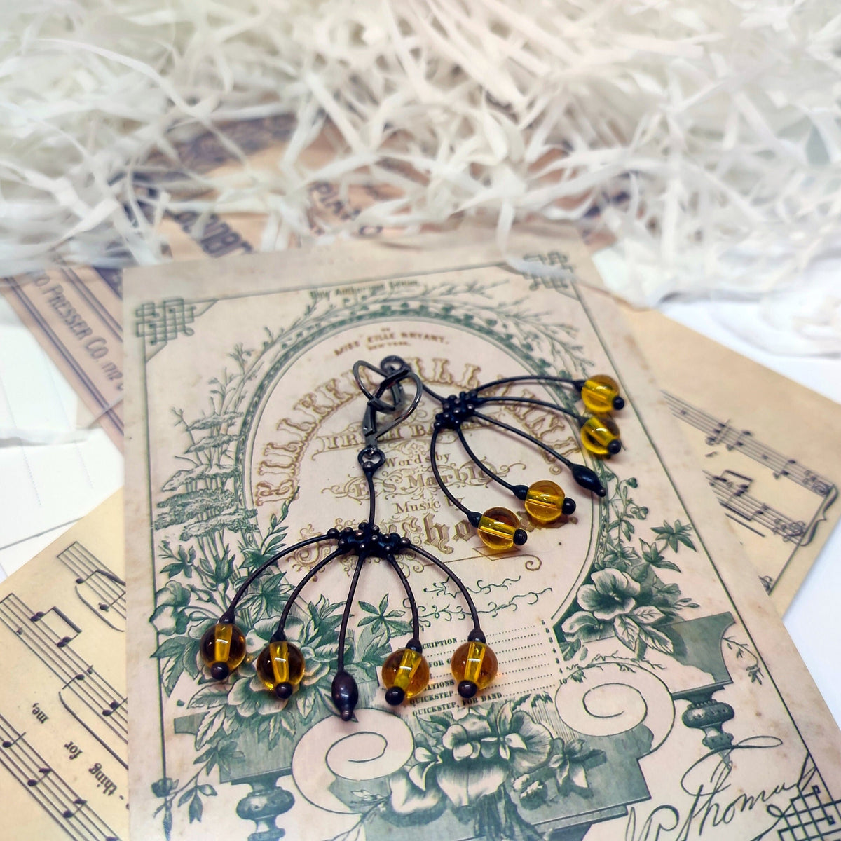 Yellow Glass Flower Earrings – Blackened Copper Botanical Dangles – Boho Forest