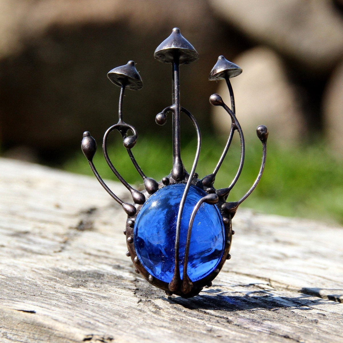 Blue Glass Mushroom Brooch – Blackened Copper
