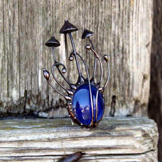 Blue Glass Mushroom Brooch – Blackened Copper