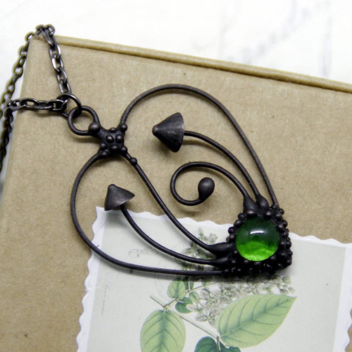 Green Glass Mushroom Heart Necklace – Blackened Copper