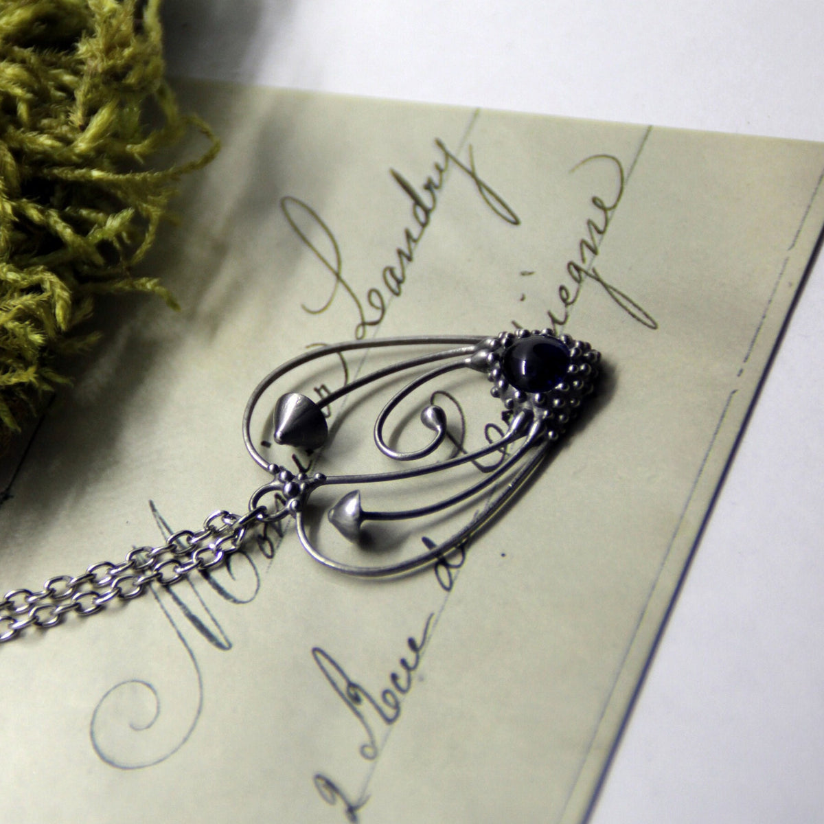 Blue Glass Mushroom Heart Necklace – Silver Tone